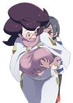  1boy 1girl artist_request blush breasts glasses groping highres huge_breasts pokemon pokemon_(game) pokemon_sm short_hair sweat sweater vicke_(pokemon) 