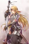  1girl :o armor armored_boots ayyh belt blonde_hair blood boots braid breastplate circlet dagger elf gloves gorget gradient gradient_background hair_ribbon highres kneeling long_hair original pointy_ears red_eyes ribbon sheath sheathed solo spaulders sword thigh-highs two-handed_sword unsheathed weapon 