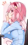  /\/\/\ 1girl blue_shirt blush breasts chair chin_rest desk frilled_shirt_collar frills from_side hairband heart highres komeiji_satori large_breasts long_sleeves looking_at_viewer ominaeshi_(takenoko) parted_lips pink_eyes pink_hair profile shirt short_hair sitting solo touhou upper_body wide_sleeves 