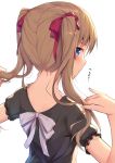  1girl alexmaster back bangs blue_eyes blush brown_hair commentary_request from_behind hair_ribbon highres long_hair looking_at_viewer looking_back nape original red_ribbon ribbon short_sleeves simple_background solo twintails upper_body white_background 