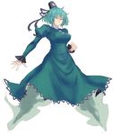 1girl breasts clenched_hand dress full_body ghost_tail green_dress green_eyes green_hair hat jpeg_artifacts juliet_sleeves large_breasts long_sleeves puffy_sleeves short_hair soga_no_tojiko solo tate_eboshi terajin touhou white_background wide_sleeves 