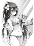  1girl ass_visible_through_thighs breasts cleavage collarbone copyright_request hair_between_eyes hair_ornament hair_ribbon highres long_hair medium_breasts momi monochrome navel off_shoulder ponytail ribbon solo thigh_gap underwear underwear_only undressing very_long_hair 