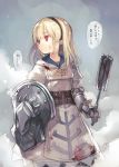  1girl 2016 armor blonde_hair blood blood_on_face bloody_clothes dated hairband heart hibanar holding holding_weapon mace number paladin_(tree_of_savior) parted_lips profile red_eyes shield sideways_mouth solo speech_bubble standing translation_request tree_of_savior weapon 
