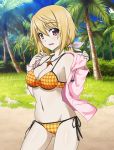  1girl bikini blonde_hair breasts charlotte_dunois cleavage collarbone grey_ribbon groin hair_ribbon infinite_stratos jacket jewelry long_hair looking_at_viewer lowres medium_breasts navel necklace open_clothes open_jacket orange_bikini outdoors palm_tree pink_jacket ribbon side-tie_bikini solo swimsuit tree violet_eyes 