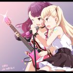  2girls bangs bare_shoulders blonde_hair blunt_bangs blush bow bracelet breasts cleavage duet fingerless_gloves gloves guitar hair_bow instrument jewelry kichihachi kujou_ume large_breasts long_hair microphone microphone_stand multiple_girls one_eye_closed open_mouth purple_hair red_eyes single_glove sleeveless smile tattoo tokyo_7th_sisters two_side_up uesugi_u_kyouko violet_eyes wavy_hair 