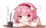  1girl blush coffee commentary covered_mouth crossed_arms hairband heart komeiji_satori looking_at_viewer ominaeshi_(takenoko) pink_eyes pink_hair short_hair solo topless touhou translation_request upper_body 