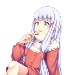  1girl alternate_costume aoki_hagane_no_arpeggio buttons closed_eyes dress eating green_eyes hair_ribbon i-402_(aoki_hagane_no_arpeggio) jacket long_hair long_sleeves ribbon silver_hair simple_background solo tsuchimata white_background 