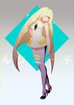  1girl bare_arms blonde_hair breasts character_name chromatic_aberration diamond_(shape) dress gradient gradient_background green_eyes hair_over_one_eye hand_on_hip high_heels long_hair looking_at_viewer lusamine_(pokemon) medium_breasts multicolored_hair pantyhose pokemon pokemon_(game) pokemon_sm purple_hair short_dress sleeveless sleeveless_dress smile solo sparkle standing streaked_hair very_long_hair vienri white_dress 