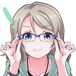  ! 1girl adjusting_glasses bangs bespectacled blue-framed_eyewear blue_eyes blush closed_mouth collarbone glasses grey_hair hair_between_eyes jewelry kurihara_kenshirou love_live! love_live!_sunshine!! necklace short_hair simple_background smile solo watanabe_you white_background wristband 