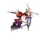  1boy 1girl belt blazblue blonde_hair dual_wielding gloves green_eyes gun hair_ornament hairpin hakama jacket japanese_clothes katou_yuuki long_hair noel_vermillion ragna_the_bloodedge red_eyes red_jacket sword weapon white_hair 