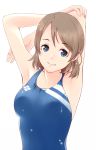  1girl arms_behind_head blue_eyes breasts brown_hair competition_swimsuit egooo grey_hair love_live! love_live!_sunshine!! one-piece_swimsuit short_hair smile solo swimsuit upper_body watanabe_you 