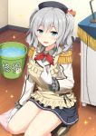  1girl apron beret blue_eyes bucket cleaning desk epaulettes frilled_sleeves frills gloves hat kantai_collection kashima_(kantai_collection) long_hair nakamura_sumikage open_mouth rag smile solo sparkle twintails wavy_hair white_gloves wooden_floor 
