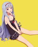  1girl bare_shoulders black_swimsuit breasts ear hairband highres idolmaster long_hair open_mouth shijou_takane silver_hair simple_background smile solo swimsuit v_arms violet_eyes yahiro_(epicopeiidae) yellow_background 