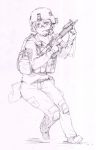  1girl ayyh gun headset helmet highres military military_uniform pouch rifle running safety_glasses sketch solo uniform vest weapon 