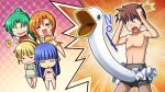  1boy 4girls bangs bikini chibi furude_rika game_cg heart higurashi_no_naku_koro_ni houjou_satoko maebara_keiichi multiple_girls official_art orange_hair phallic_symbol rato ryuuguu_rena sexually_suggestive shirtless short_hair smile sonozaki_mion surprised sweatdrop swimsuit 