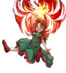  1girl :d arm_up blue_eyes brown_footwear brown_hair dragon_quest dragon_quest_vii dress fang fire full_body highres layered_dress long_hair magic maribel_(dq7) open_mouth shoes simple_background smile solo tamagokake_candy white_background 