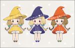  3girls :&lt; artist_name ayu_(mog) blonde_hair bloomers blue_dress blue_eyes blue_hat blue_shoes border bow bowtie brown_hair brown_shoes dress expressionless full_body green_eyes green_shoes grey_background grey_border hair_bow hat multiple_girls original pouty_lips puffy_cheeks red_dress red_eyes red_hat shoes short_eyebrows simple_background strapless strapless_dress triangle underwear violet_eyes witch witch_hat yellow_dress yellow_hat 