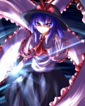  1girl arm_behind_back black_skirt blouse blue_eyes blue_hair bow capelet cravat frilled_capelet frown glowing glowing_hand hagoromo hat hat_bow highres light_beam long_hair long_sleeves looking_at_viewer matsufox nagae_iku shawl sidelocks skirt solo touhou 