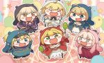  6+girls :d ^_^ ahoge animal_costume balloon bare_shoulders baseball_cap blonde_hair blue_dress blue_eyes blue_scarf chibi closed_eyes detached_sleeves doma_umaru dress epaulettes fate/extra fate/grand_order fate/stay_night fate_(series) gloves green_eyes grey_eyes hamster_costume hat heroine_x highres himouto!_umaru-chan instrument jacket japanese_clothes kimono komaru maracas multiple_girls open_mouth parody pink_hair pink_kimono ponytail red_dress saber saber_alter saber_extra saber_lily sakura_saber scarf smile star striped striped_background style_parody tomiwo white_dress wide_sleeves yellow_eyes 