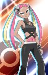  &gt;:( 1girl bare_arms black_pants blonde_hair closed_mouth collarbone crop_top daichi_hasuke eyeshadow frown hair_ornament hand_on_hip highres jewelry kogal long_hair looking_away looking_to_the_side makeup multicolored_hair navel necklace pants pink_hair plumeria_(pokemon) poke_ball pokemon pokemon_(game) pokemon_sm quad_tails silhouette skull skull_hair_ornament solo stomach_tattoo streaked_hair tank_top tattoo team_skull wristband yellow_eyes 