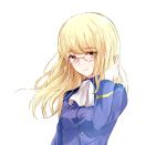  1girl adjusting_hair ascot blonde_hair glasses long_sleeves looking_at_viewer military military_uniform perrine_h_clostermann retto simple_background smile solo strike_witches uniform white_background wind world_witches_series yellow_eyes 