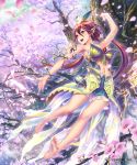  1girl bare_legs bare_shoulders barefoot bird breasts cherry_blossoms commentary cygames dress fantasy flower flower_on_head full_body granblue_fantasy green_eyes highres hisakata_souji large_breasts leaf leaf_on_head long_hair petals plant pointy_ears redhead shingeki_no_bahamut tree twintails vines white_skin yggdrasill_(granblue_fantasy) 