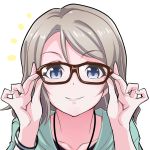  1girl adjusting_glasses bangs bespectacled blue_eyes blush brown-framed_eyewear closed_mouth collarbone glasses grey_hair hair_between_eyes jewelry kurihara_kenshirou love_live! love_live!_sunshine!! necklace short_hair simple_background smile solo watanabe_you white_background wristband 