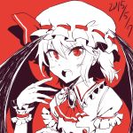  1girl bat_wings bow brooch hat hat_bow highres jewelry mob_cap open_mouth puffy_sleeves red_background red_eyes remilia_scarlet short_hair solo the_maa touhou wings wrist_cuffs 