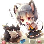  1girl alolan_raticate angry animal_ears black_dress capelet chibi crossover dress flying_sweatdrops food fruit full_body grey_hair highres leaning_forward long_sleeves looking_at_another mega_pokemon mouse_ears mouse_girl mouse_tail nazrin nikorashi-ka open_mouth peach pokemon raticate red_eyes short_hair tail touhou trait_connection translation_request 