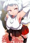  1girl animal_ears arm_up armpits bare_legs bare_shoulders black_skirt boots breasts detached_sleeves eyebrows from_above hand_on_hip highres inubashiri_momiji medium_breasts miniskirt pom_pom_(clothes) red_eyes short_hair skirt sleeveless tail tenyunkel thick_eyebrows touhou white_hair wolf_ears wolf_tail 