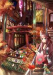  2girls animal_ears autumn autumn_leaves bell blue_hair cat cat_ears cat_tail commentary_request facial_mark green_eyes highres japanese_clothes japanese_flag kimono leaf leaning_against_railing long_hair looking_at_viewer multiple_girls nanaponi original painting_(object) pink_hair red_shorts shorts shrine solo_focus tail tail_bell torii translation_request 