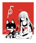  1girl :&lt; ahoge bare_shoulders barefoot cat controller dowman_sayman frown game_console game_controller glasses indian_style jitome long_hair morgana_(persona_5) persona persona_5 playing_games playstation_4 sakura_futaba sitting 