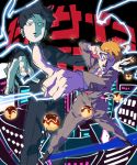  2boys black_hair blonde_hair building copyright_name formal gakuran kageyama_shigeo lightning male_focus mob_psycho_100 mochida64 multiple_boys reigen_arataka school_uniform skyline skyscraper suit takoyaki v 