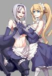 2girls :d alternate_costume animal_ears apron arachne blonde_hair blue_eyes breasts carapace centaur centorea_shianus cleavage crop_top elbow_gloves enmaided extra_ears fangs gloves grey_background horse_ears insect_girl large_breasts leg_garter long_hair looking_at_viewer maid maid_headdress monster_girl monster_musume_no_iru_nichijou multiple_girls open_mouth pd_(seripanda) ponytail rachnera_arachnera red_eyes short_hair silver_hair simple_background smile spider_girl stomach tray under_boob waist_apron 