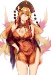  1girl bare_shoulders blonde_hair breasts china_dress chinese_clothes cleavage cleavage_cutout contrapposto covered_nipples dress hand_on_hip hat highres junko_(touhou) kagari6496 large_breasts lips long_hair no_bra pelvic_curtain red_eyes shawl short_dress smile thighs touhou very_long_hair wavy_hair 