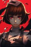  1girl artist_name braid brown_hair character_request deviantart_username eyelashes koyorin lips looking_at_viewer niijima_makoto nose parted_lips persona persona_5 red_background red_eyes short_hair solo teeth upper_body watermark web_address 