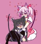  2girls akemi_homura animal_ears biting black_hair blush breath capelet cat_ears ear_biting ear_pull getumentour hairband highres kaname_madoka kemonomimi_mode long_hair magical_girl mahou_shoujo_madoka_magica multiple_girls pantyhose pink_hair pleated_skirt short_twintails skirt tail tears torogao twintails violet_eyes yuri 