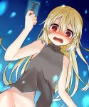  1girl adyisu bare_shoulders blonde_hair blush borrowed_character glowing looking_at_viewer navel open_mouth original red_eyes shirt_lift solo 
