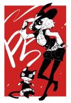  1girl :3 belt cat cravat dowman_sayman feathers gloves hat hat_tip looking_at_viewer mask morgana_(persona_5) musketeer okumura_haru pantyhose persona persona_5 red_background short_hair shorts smile 