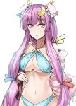  1girl alternate_costume bangs bikini blue_bikini blue_ribbon blunt_bangs blush breasts bun_cover closed_mouth collarbone commentary_request cowboy_shot crescent crescent_hair_ornament double_bun hair_ornament hair_ribbon highres large_breasts long_hair looking_at_viewer navel patchouli_knowledge pink_eyes pink_hair red_ribbon ribbon sidelocks solo stomach swimsuit touhou tress_ribbon under_boob undressing very_long_hair white_background y2 