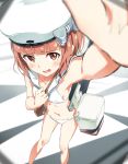  1girl :d beret bikini blush bow brown_eyes brown_hair flat_chest from_above hat hat_bow kantai_collection navel open_mouth reaching_out sailor_bikini sailor_collar self_shot side-tie_bikini smile smiley_face solo swimsuit tomato_(lsj44867) white_bikini z3_max_schultz_(kantai_collection) 