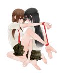  2girls barefoot between_legs black_hair blue_eyes bound bound_ankles bound_wrists breasts brown_hair eye_contact highres long_hair looking_at_another multiple_girls necktie original plaid plaid_skirt pleated_skirt shino_satoru simple_background sitting sitting_on_person skirt smile wariza white_background yuri 