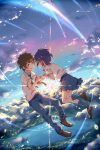  1boy 1girl ayakashi_(monkeypanch) blue_hair brown_hair clouds crying crying_with_eyes_open falling highres holding_hands kimi_no_na_wa miyamizu_mitsuha necktie open_mouth pleated_skirt pool red_string scenery school_uniform shirt short_hair short_sleeves skirt sky string tachibana_taki tears thread water_drop 