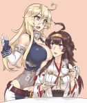  2girls ahoge anchor blonde_hair blue_eyes breasts brown_hair cleavage cup double_bun elbow_gloves evuoaniramu gloves hair_between_eyes hand_on_shoulder headband huge_breasts iowa_(kantai_collection) japanese_clothes kantai_collection kongou_(kantai_collection) long_hair miko multiple_girls open_mouth saucer simple_background sitting star star-shaped_pupils symbol-shaped_pupils tea teacup 