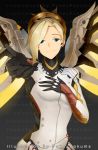  1girl aqua_eyes black_gloves blonde_hair blue_eyes bodysuit breastplate breasts closed_mouth eyelashes faulds gloves hair_ornament hair_tie hand_on_own_chest headgear high_ponytail long_sleeves looking_at_viewer mechanical_halo mechanical_wings mercy_(overwatch) overwatch pokey ponytail reaching reaching_out short_hair skin_tight smile solo spread_wings swiss_flag turtleneck upper_body wing_print wings yellow_wings 