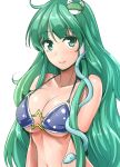  1girl adapted_costume breasts cleavage closed_mouth collarbone commentary_request frog_hair_ornament green_eyes green_hair hair_ornament hair_tubes halter_top halterneck highres kochiya_sanae large_breasts long_hair looking_at_viewer navel o-ring_bikini smile snake_hair_ornament solo star stomach touhou under_boob upper_body white_background y2 