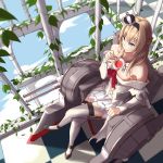  1girl bare_shoulders blonde_hair blue_eyes braid chair crossed_legs crown cup danny1128 dress french_braid from_above garter_straps hairband kantai_collection long_hair mini_crown off_shoulder sitting teacup thigh-highs throne warspite_(kantai_collection) 