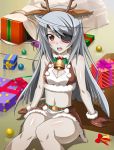  1girl ahoge animal_ears antlers box breasts brown_eyes brown_gloves cleavage cleavage_cutout eyepatch fake_animal_ears fake_horns gift gift_box gloves infinite_stratos laura_bodewig long_hair lowres midriff navel reindeer_antlers silver_hair sitting skirt small_breasts solo 