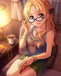  1girl artist_request black-framed_eyewear blonde_hair book bow bracelet braid earrings french_braid glasses hair_ornament idolmaster idolmaster_cinderella_girls jewelry kiryuu_tsukasa_(idolmaster) long_hair necklace official_art ring smile solo violet_eyes wavy_hair 