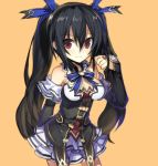  1girl bare_shoulders black_hair blush breasts cleavage hair_ornament kokaki_mumose long_hair looking_at_viewer neptune_(series) noire red_eyes ribbon smile solo twintails 